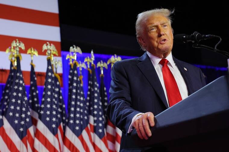 REUTERS/BRIAN SNYDER
Republican presidential nominee and former President Donald Trump addresses supporters at his rally, at the Palm Beach County Convention Center in West Palm Beach, Fla.