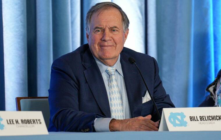 JIM DEDMON-IMAGN IMAGES
North Carolina Tar Heels new head coach Bill Belichick speaks to those attending his hiring announcement, today, at the Loudermilk Center for Excellence.