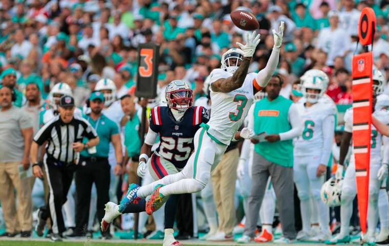 SAM NAVARRO-IMAGN IMAGES/ FILE PHOTO
Miami Dolphins wide receiver Odell Beckham Jr. dives but cannot make a catch, on Nov. 24, against New England Patriots cornerback Marcus Jones during the third quarter at Hard Rock Stadium in Miami Gardens, Fla.