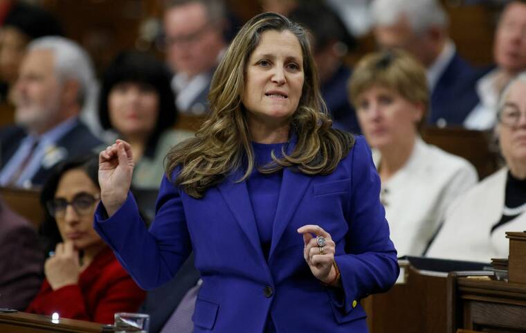 REUTERS/BLAIR GABLE/FILE PHOTO
Canadas Deputy Prime Minister and Minister of Finance Chrystia Freeland speaks during Question Period in the House of Commons on Parliament Hill in Ottawa, Ontario, Canada, on Dec. 3. Canadas Finance Minister Chrystia Freeland quit today after clashing with Prime Minister Justin Trudeau on issues including how to handle possible U.S. tariffs, dealing an unexpected blow to an already unpopular government.
