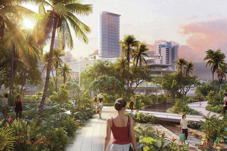 COURTESY ALOHA HALAWA DISTRICT PARTNERS
The latest renderings for the New Aloha Stadium Entertainment District project were shown Thursday to the Aloha Stadium Authority. This rendering shows green spaces including the proposed Eco-Ribbon Park.