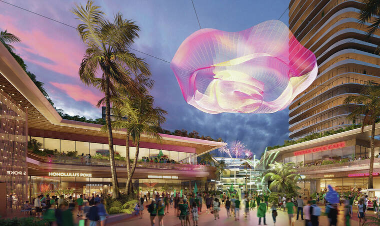 COURTESY ALOHA HALAWA DISTRICT PARTNERS
The latest renderings for the New Aloha Stadium Entertainment District project were shown Thursday to the Aloha Stadium Authority. This rendering shows a community plaza adjacent to the stadium, which includes shops, restaurants and venues for music and culture.