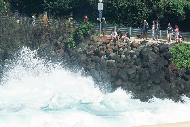 JAMM AQUINO / JAQUINO@STARADVERTISER.COM
People watch large waves at Waimea Bay on Friday.